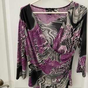 Purple Wrap Blouse with 3/4 Sleeves